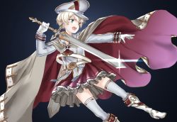 Rule 34 | 10s, 1girl, alternate costume, belt, belt buckle, black background, blonde hair, boots, buckle, cape, flat cap, frilled skirt, frills, gradient background, green eyes, hands up, hat, high heel boots, high heels, holding, holding sword, holding weapon, kantai collection, long sleeves, looking away, neckerchief, open mouth, ornate clothing, ruisento, sailor collar, skirt, solo, sword, thighhighs, weapon, white thighhighs, z1 leberecht maass (kancolle), zettai ryouiki