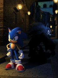 Rule 34 | 1boy, 3d, absurdres, dual persona, gloves, green eyes, highres, night, official art, sega, sonic the hedgehog, sonic (series), sonic unleashed