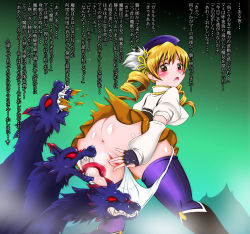 Rule 34 | 1girl, anus, ass, bestiality, blonde hair, blush, brown eyes, drill hair, fingerless gloves, from behind, gloves, highres, long hair, looking back, mahou shoujo madoka magica, muganof, open mouth, panties, panty pull, pussy, shiny skin, tagme, thighhighs, tomoe mami, torn clothes, translation request, uncensored, underwear, white panties