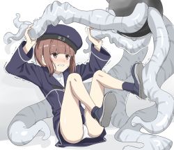 Rule 34 | 1girl, abyssal ship, blue dress, blue sailor collar, brown eyes, clenched teeth, clothes writing, commentary request, dress, eha7y, enemy naval mine (kancolle), hat, highres, kantai collection, one-hour drawing challenge, panties, sailor collar, sailor dress, sailor hat, short hair, simple background, teeth, tentacle grab, tentacles, trembling, underwear, white background, white panties, z3 max schultz (kancolle)