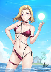 Rule 34 | 1girl, adsouto, android 18, armband, asymmetrical hair, bikini, blonde hair, blue eyes, breasts, choker, collarbone, covered erect nipples, dragon ball, dragonball z, earrings, energy ball, hand on own hip, highres, jewelry, medium breasts, navel, partially submerged, short hair, signature, solo, string bikini, swimsuit, thigh strap, variant set