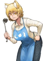 Rule 34 | 1girl, absurdres, animal ears, apron, arched back, bent over, black pants, blonde hair, blue apron, blush, breasts, chanta (ayatakaoisii), collared shirt, extra ears, fox ears, grin, hair between eyes, hand on own hip, highres, hip focus, holding, holding ladle, ladle, large breasts, long sleeves, looking at viewer, no headwear, pants, shirt, short hair, simple background, slit pupils, smile, solo, touhou, white background, white shirt, yakumo ran, yellow eyes