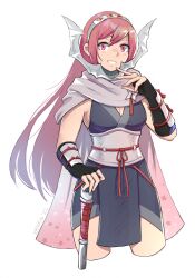 Rule 34 | 1girl, absurdres, black gloves, black kimono, breasts, cherche (fire emblem), cherche (ninja) (fire emblem), cleavage, commentary, cropped legs, elbow gloves, fingerless gloves, fire emblem, fire emblem heroes, gloves, grey scarf, hand up, highres, japanese clothes, kaphrin, kimono, long hair, looking at viewer, medium breasts, ninja, nintendo, obi, official alternate costume, red eyes, red hair, sash, scarf, signature, simple background, sleeveless, sleeveless kimono, smile, solo, very long hair, white background