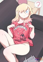 Rule 34 | 1girl, ?, artist name, blonde hair, blue eyes, blush, bottomless, colo (nagrolaz), couch, english text, female focus, freckles, hair over one eye, hair over shoulder, highres, looking at viewer, lying, naked shirt, on couch, original, pants, unworn pants, parted lips, print shirt, shirt, sitting, solo, spoken question mark, t-shirt, table, thighs