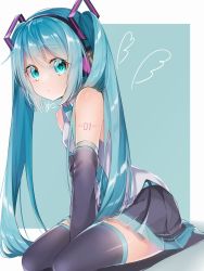 Rule 34 | 1girl, aqua background, aqua eyes, aqua hair, aqua necktie, bare shoulders, between legs, black skirt, black sleeves, black thighhighs, commentary, detached sleeves, diamond (shape), drawn wings, from side, full body, grey shirt, hair ornament, hand between legs, hatsune miku, headphones, highres, long hair, looking at viewer, looking to the side, necktie, nuko 0108, seiza, shirt, shoulder tattoo, signature, sitting, skirt, sleeveless, sleeveless shirt, solo, symbol-shaped pupils, tattoo, thighhighs, twintails, very long hair, vocaloid, wing tattoo, wings, zettai ryouiki