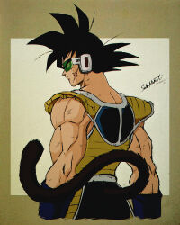 Rule 34 | 1boy, artist name, bardock, black hair, commentary, dragon ball, dragon ball super, facial scar, highres, looking afar, male focus, monkey tail, muscular, muscular male, redrawn, retro artstyle, saiyan armor, salvamakoto, scar, scar on cheek, scar on face, scouter, solo, spanish commentary, spiked hair, tail, upper body