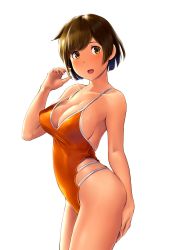 Rule 34 | 1girl, alternate costume, blush, breasts, brown eyes, brown hair, cleavage, cowboy shot, from side, hand on own thigh, hand up, highres, hiryuu (kancolle), kantai collection, looking at viewer, medium breasts, one-piece swimsuit, open mouth, orange one-piece swimsuit, short hair, simple background, skindentation, solo, standing, strap gap, swimsuit, thighs, wa (genryusui), white background