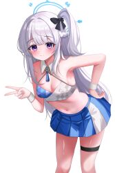 Rule 34 | 1girl, absurdres, blue archive, blue halo, blue skirt, blush, braid, breasts, cheerleader, closed mouth, detached collar, drawing flover, feet out of frame, grey hair, halo, halterneck, highres, long hair, looking at viewer, millennium cheerleader outfit (blue archive), miyako (blue archive), one side up, pleated skirt, purple eyes, simple background, skirt, small breasts, smile, solo, thigh strap, two-tone skirt, v, white background, white skirt