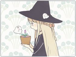 Rule 34 | ayu (mog), black choker, black dress, black hat, blonde hair, bow, braid, choker, dress, floral background, flower, ghost, hair bow, hat, holding, long hair, open mouth, plant, potted plant, purple eyes, purple flower, red bow, solo, witch, witch hat
