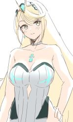 Rule 34 | 1girl, blonde hair, breasts, chest jewel, cleavage, earrings, gem, hair ornament, hand on own hip, headpiece, jewelry, large breasts, long hair, looking at viewer, mythra (radiant beach) (xenoblade), mythra (xenoblade), nintendo, one-piece swimsuit, simple background, skeptycally, smile, solo, standing, strapless, strapless one-piece swimsuit, swept bangs, swimsuit, tiara, very long hair, white background, white one-piece swimsuit, xenoblade chronicles (series), xenoblade chronicles 2, yellow eyes