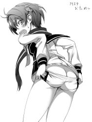 Rule 34 | 1girl, adjusting clothes, ass, blush, butt crack, female focus, greyscale, isshiki akane, looking at viewer, looking back, michairu, monochrome, no panties, open mouth, scarf, short hair, short shorts, short twintails, shorts, simple background, solo, twintails, vividred operation, white background