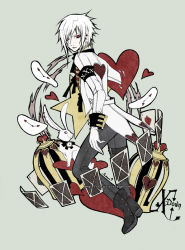 Rule 34 | 1boy, ace (playing card), ace of hearts, ace of spades, alice in wonderland, boots, card, clock, crown, floating card, goth fashion, heart, male focus, playing card, rabbit, rannsama, red eyes, solo, spade (shape), white hair, white rabbit (alice in wonderland)