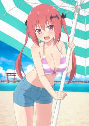 Rule 34 | 1girl, alternate hairstyle, bare shoulders, bat hair ornament, beach, beach umbrella, bikini, black ribbon, blue footwear, blue sky, blurry, blurry background, blush, breasts, cleavage, cloud, cloudy sky, collarbone, day, denim, denim shorts, fang, front-tie bikini top, front-tie top, gabriel dropout, hair between eyes, hair ornament, hair ribbon, hand up, highres, holding, large breasts, leaning forward, long hair, looking at viewer, nyaroon, ocean, open mouth, outdoors, pink eyes, red hair, ribbon, sand, satanichia kurumizawa mcdowell, short shorts, shorts, sky, smile, solo, standing, striped bikini, striped clothes, swimsuit, thighs, tongue, twintails, umbrella, water