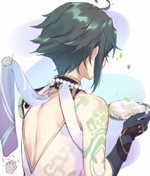 Rule 34 | &quot;sweet dream&quot; (genshin impact), 1boy, ahoge, arm tattoo, back, bead necklace, beads, food, from behind, genshin impact, gloves, green hair, gumilkx, highres, holding, holding plate, jewelry, male focus, necklace, plate, simple background, sleeveless, solo, sparkle, tattoo, tofu, xiao (genshin impact)