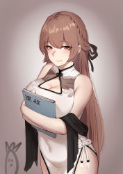 Rule 34 | 1girl, azur lane, bad id, bad pixiv id, bare shoulders, black ribbon, book, hugging book, braid, breast press, breasts, brown eyes, brown hair, china dress, chinese clothes, cleavage, cleavage cutout, clothing cutout, covered navel, dress, hair between eyes, hair ribbon, highres, holding, holding book, large breasts, long hair, mole, mole under mouth, hugging object, official alternate costume, pelvic curtain, ribbon, sash, side slit, smile, solo, swiftsure (azur lane), swiftsure (beauty of white jade) (azur lane), tiankong pie ai, very long hair, white dress
