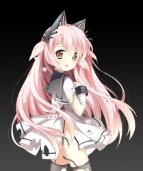 Rule 34 | 1girl, animal ears, cherry blossoms, fake animal ears, flower, garter straps, hair flower, hair ornament, loading (verjuice), long hair, looking at viewer, looking back, open mouth, pink hair, sailor collar, shimakaze (warship girls r), side slit, solo, thighhighs, torn clothes, very long hair, warship girls r, yellow eyes