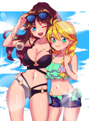 Rule 34 | 2girls, ;d, arm around waist, arm up, bare arms, bikini, bikini top only, bikini under clothes, black bikini, blonde hair, blue eyes, bracelet, braid, breasts, brown hair, cleavage, closed mouth, cloud, collarbone, contrapposto, cowboy shot, creatures (company), day, eyewear on head, flat chest, frilled bikini, frilled bikini top, frills, game freak, green (pokemon), green bikini, green eyes, groin, hand in own hair, hand on another&#039;s head, height difference, jewelry, large breasts, lens flare, lens flare abuse, long hair, looking at viewer, midriff, mokorei, multiple girls, navel, nintendo, o-ring, o-ring bikini, one eye closed, open fly, open mouth, outdoors, pokemon, pokemon adventures, short shorts, shorts, side-tie bikini bottom, single braid, sky, smile, sparkle, standing, summer, sun, sunglasses, swimsuit, teeth, unzipped, yellow (pokemon)