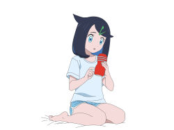 Rule 34 | 1girl, :o, absurdres, alternate costume, anime coloring, artificial vagina, bare legs, barefoot, bed sheet, black hair, blue shorts, collarbone, commentary request, cowlick, creatures (company), full body, game freak, hair ornament, hairclip, highres, holding, liko (pokemon), medium hair, nintendo, parted lips, pokemon, pokemon (anime), pokemon horizons, ranja2000, sex toy, shirt, short sleeves, shorts, simple background, sitting, solo, t-shirt, white background