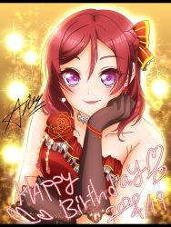 Rule 34 | 1girl, artist name, artist request, bare shoulders, black gloves, blush, bow, breasts, cleavage, collarbone, dress, earrings, female focus, flower, gloves, hair between eyes, highres, jewelry, looking at viewer, love live!, love live! school idol festival, love live! school idol festival all stars, love live! school idol project, necklace, nishikino maki, pearl necklace, purple eyes, red bow, red dress, red hair, red skirt, rose, short hair, skirt, small breasts, solo, stareikachan, striped, striped bow