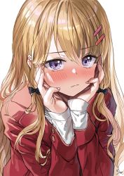 Rule 34 | 1girl, black bow, blonde hair, blush, bow, closed mouth, commentary request, hair between eyes, hair bow, hair ornament, hairclip, hand on own hip, hands on own cheeks, hands on own face, head rest, highres, jacket, long hair, long sleeves, looking at viewer, original, purple eyes, red jacket, saya (mychristian2), simple background, solo, upper body, white background