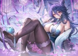 Rule 34 | 1girl, absurdres, azur lane, bare shoulders, breast curtains, breasts, chi an (azur lane), closed mouth, commentary request, double bun, earrings, feet, hair between eyes, hair bun, hair ornament, highres, holding, jewelry, large breasts, long hair, looking at viewer, pantyhose, petals, purple eyes, purple hair, purple pantyhose, sitting, smile, soles, tansuan (ensj3875), thighs