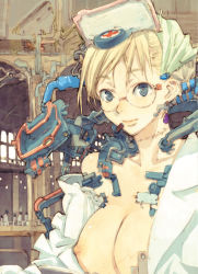 Rule 34 | 1girl, blonde hair, breasts, cleavage, glasses, humi, large breasts, mecha, nipples, no bra, nurse, open clothes, open shirt, original, robot, scar, scar on neck, science fiction, shirt, solo focus, stitched neck, stitches, toi8, topless