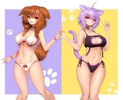 Rule 34 | 2girls, :d, ahoge, animal collar, animal ear fluff, animal ears, black bra, black collar, black panties, bone hair ornament, bow, bow bra, bow panties, bra, braid, breasts, brown eyes, brown hair, cartoon bone, cat cutout, cat ear panties, cat ears, cat girl, cat lingerie, cat tail, cleavage cutout, closed mouth, clothing cutout, collar, collarbone, commentary, crossed bangs, dog ears, dog girl, dog tail, english commentary, groin, hair between eyes, hair ornament, hair over shoulder, hand up, head tilt, highres, holding hands, hololive, inugami korone, large breasts, long hair, looking at viewer, meme attire, multiple girls, navel, nekomata okayu, notte, open mouth, panties, paw print, paw print background, purple background, purple eyes, purple hair, red bow, red collar, shiny skin, short hair, side-tie panties, side braids, smile, standing, stomach, strapless, strapless bra, tail, thigh gap, twin braids, two-tone background, underwear, underwear only, virtual youtuber, white bra, white panties, wristband, yellow background