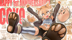 Rule 34 | animal costume, animal ear fluff, animal ears, anniversary, black jacket, blonde hair, coyopotato, coyote (kemono friends), gloves, highres, jacket, kemono friends, kemono friends v project, kneehighs, looking at viewer, mcgunngu, microphone, open mouth, shirt, shoes, short hair, shorts, skirt, smile, socks, tail, virtual youtuber, white shirt, wolf costume, wolf ears, wolf girl, wolf tail, yellow eyes