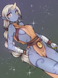 Rule 34 | 1girl, blush, breasts, cleavage, colored skin, horns, jewelry, jorin, league of legends, long hair, looking at viewer, naked tabard, no panties, pelvic curtain, pointy ears, ponytail, purple skin, sideboob, single horn, solo, soraka (league of legends), tabard, tattoo, very long hair, white hair, yellow eyes