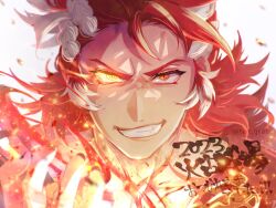 Rule 34 | 1boy, black nails, body markings, fire, granblue fantasy, highres, long hair, male focus, multicolored hair, nail polish, post guild war celebration, red eyes, red hair, smile, solo, teeth, ten grabl, translation request, twitter username, two-tone hair, upper body, white hair, wilnas (granblue fantasy)