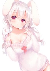 Rule 34 | 1girl, alternate hair color, animal ears, blonde hair, bow, breasts, cleavage, closed mouth, collarbone, commentary request, dutch angle, fingernails, hair between eyes, hands up, head tilt, long hair, looking at viewer, low twintails, medium breasts, original, pink bow, rabbit ears, red eyes, sakura (usashiro mani), silver hair, simple background, smile, solo, sweater, twintails, usashiro mani, white background, white sweater