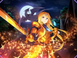 Rule 34 | 1girl, alice zuberg, alternate eye color, amayori (sao), armor, armored dress, blonde hair, blue cape, blue eyes, braid, braided ponytail, breastplate, cape, faulds, floating hair, frown, full moon, game cg, gauntlets, gold armor, hair between eyes, hair intakes, hairband, heterochromia, holding, holding sword, holding weapon, long hair, moon, night, osmanthus blade, outdoors, ponytail, red eyes, shoulder armor, sidelocks, solo, standing, sword, sword art online, sword art online: alicization rising steel, v-shaped eyebrows, very long hair, weapon, white hairband