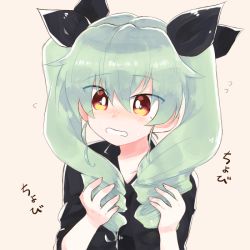 Rule 34 | 1girl, aimai (luckyfive), anchovy (girls und panzer), bad id, bad pixiv id, beige background, black ribbon, black shirt, blush, casual, commentary, drill hair, fidgeting, flying sweatdrops, frown, girls und panzer, green hair, hair over shoulder, hair ribbon, hands in hair, long hair, looking to the side, open mouth, red eyes, ribbon, shirt, simple background, sleeves rolled up, solo, sweatdrop, translated, twin drills, twintails, upper body, yellow eyes