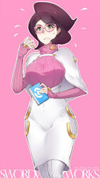Rule 34 | 1girl, artist name, big hair, blush, book, breasts, capelet, coat, creatures (company), embarrassed, flying sweatdrops, game freak, glasses, green eyes, highres, holding, holding book, large breasts, long sleeves, nintendo, pink-framed eyewear, pink background, pink sweater, pokemon, pokemon sm, purple hair, ribbed sweater, simple background, skirt, solo, sweatdrop, sweater, swordwaltz, turtleneck, turtleneck sweater, white capelet, white coat, white skirt, wicke (pokemon), wide hips