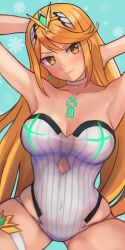 Rule 34 | 1girl, arms behind head, bare shoulders, blonde hair, breasts, casual one-piece swimsuit, choker, cleavage, collarbone, core crystal (xenoblade), highres, large breasts, lips, long hair, looking at viewer, mythra (radiant beach) (xenoblade), mythra (xenoblade), one-piece swimsuit, pinstripe pattern, r123, sidelocks, sitting, skindentation, smile, solo, spread legs, striped, swept bangs, swimsuit, wariza, xenoblade chronicles (series), xenoblade chronicles 2, yellow background