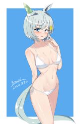 Rule 34 | 1girl, a.nori, absurdres, alternate costume, animal ears, artist name, bare shoulders, bikini, blue background, blue eyes, blush, border, breasts, cleavage, commentary request, cowboy shot, dated, ear covers, grey hair, hair between eyes, hair ornament, hairclip, highres, horse ears, horse girl, horse tail, looking at viewer, navel, open mouth, outside border, seiun sky (umamusume), short hair, side-tie bikini bottom, single ear cover, small breasts, solo, swimsuit, tail, umamusume, white bikini, white border