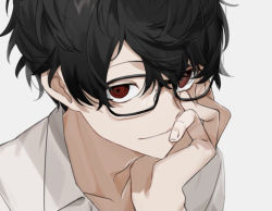 Rule 34 | 1boy, akagiasami, black hair, glasses, grey background, hair between eyes, head rest, looking at viewer, male focus, mole, mole under eye, original, portrait, red eyes, shirt, simple background, smile, solo, white shirt
