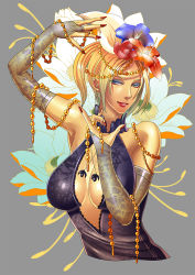 Rule 34 | 1girl, bad id, bad pixiv id, bare shoulders, black dress, blonde hair, blue eyes, breasts, bridal gauntlets, center opening, china dress, chinese clothes, cleavage, death by degrees, dress, eyeshadow, flower, hair flower, hair ornament, highres, jewelry, large breasts, lips, m september, makeup, nail polish, namco, nina williams, short ponytail, solo, tekken, tekken 2, tekken 3, tekken 4, tekken 5, tekken 6, tekken blood vengeance, tekken tag tournament, tekken tag tournament 2, upper body