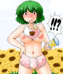 Rule 34 | !?, 1girl, adult baby, bad id, bad pixiv id, bib, blush, breasts, diaper, female focus, flower, green hair, hand on own hip, kazami yuuka, large breasts, looking down, navel, nipples, open mouth, pacifier, peeing, polka dot, rattle, red eyes, saliva, short hair, solo, stain, sukedai, sunflower, sweat, touhou, umbrella