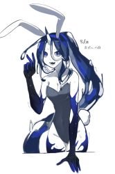 Rule 34 | 1girl, :d, animal ears, blue eyes, blue gloves, blue hair, breasts, bunny day, cleavage, colored sclera, colored skin, elbow gloves, fake animal ears, gloves, grey leotard, grey sclera, hand up, highleg, highleg leotard, highres, horns, leotard, liquid hair, looking at viewer, medium breasts, monster girl, open mouth, original, playboy bunny, ponytail, rabbit ears, ruteko (ruko220), simple background, single horn, smile, solo, v, white background, white skin
