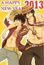 Rule 34 | 10s, 2013, 2boys, alcohol, back-to-back, beads, belt, black hair, bowl, brothers, crossed arms, drink, freckles, hat, jewelry, male focus, monkey d. luffy, multiple boys, necklace, new year, one piece, open clothes, open shirt, pirate, portgas d. ace, red shirt, sake, sash, scar, shinomoto (410sh8), shirt, topless male, shueisha, siblings, stampede string, straw hat