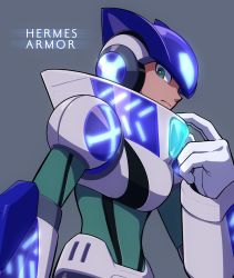 Rule 34 | 1boy, android, armor, bodysuit, closed mouth, commentary, commentary request, english commentary, from side, gloves, glowing, green bodysuit, green eyes, grey background, hermes armor x (mega man), high collar, highres, hoshi mikan, looking at viewer, looking to the side, male focus, mega man (series), mega man x8, mega man x (series), mixed-language commentary, purple headwear, serious, simple background, solo, upper body, white gloves, x (mega man)