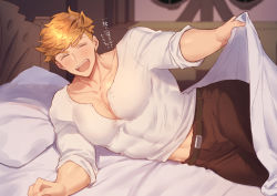 Rule 34 | 1boy, :d, abs, bara, bed sheet, blonde hair, blush, brown pants, cleavage cutout, clothing cutout, come hither, closed eyes, granblue fantasy, higashigunkan, lifting covers, looking at viewer, pectoral cleavage, male focus, midriff peek, muscular, open mouth, pants, pectorals, pillow, shirt, short hair, smile, solo, translation request, vane (granblue fantasy), white shirt
