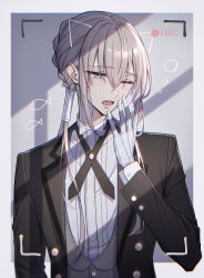 Rule 34 | &gt; o, 1boy, absurdres, bambi-25, bedivere (fate), bedivere (silver butler) (fate), black jacket, butler, collared shirt, cross tie, drawn ears, face filter, fate/grand order, fate (series), formal, gloves, green eyes, grey vest, hair between eyes, hair tubes, highres, jacket, light blush, long hair, long sleeves, male focus, official alternate costume, one eye closed, outside border, ponytail, prosthesis, prosthetic arm, recording, shirt, solo, teeth, upper body, vest, viewfinder, white gloves, white shirt, yawning