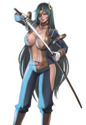 Rule 34 | 1girl, absurdres, areola slip, azasuke, blue hair, boots, breasts, center opening, choker, cleavage, collarbone, crescent, date masamune, date masamune (sengoku collection), eyepatch, gender request, genderswap, gloves, hair ornament, highres, huge breasts, katana, long hair, looking at viewer, navel, nipple slip, nipples, scabbard, sengoku collection, sheath, simple background, solo, standing, sword, very long hair, weapon, white background, yellow eyes