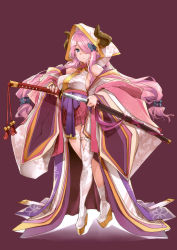 Rule 34 | 1girl, animal print, arched back, asymmetrical legwear, bell, blue eyes, blush, boots, breasts, brown background, butterfly hair ornament, butterfly print, commentary request, draph, floating hair, granblue fantasy, hair ornament, hair over one eye, high heel boots, high heels, highres, holding, holding sword, holding weapon, hood, horns, japanese clothes, jingle bell, kimono, large breasts, long hair, low twintails, maroon background, mismatched legwear, narmaya (granblue fantasy), panties, pantyshot, parted lips, pink hair, platform footwear, pleated skirt, pointy ears, red skirt, sheath, simple background, skirt, solo, standing, sword, thigh boots, thighhighs, thomasz, twintails, underwear, unsheathing, very long hair, weapon, white panties