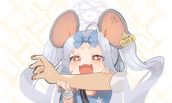 Rule 34 | + +, 1boy, 1girl, :3, animal ears, bandaged arm, bandages, blue archive, blue bow, blush, bow, ear tag, fang, grey hair, hair bow, halo, imminent bite, long hair, mouse (animal), mouse ears, mouse girl, open mouth, oyatsunokumo, red eyes, saya (blue archive), sensei (blue archive), simple background, sweat, two side up, upper body