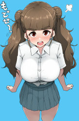 Rule 34 | 1girl, ?, angry, blue background, blue skirt, blunt bangs, blush, braid, braided bun, breasts, brown hair, collared shirt, commentary request, double bun, dress shirt, green skirt, hair bun, haseneko, highres, idolmaster, idolmaster cinderella girls, kamiya nao, large breasts, long hair, looking at viewer, miniskirt, nose blush, open mouth, pleated skirt, pout, red eyes, shirt, short sleeves, simple background, skirt, solo, thick eyebrows, twintails, white shirt