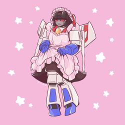 Rule 34 | 1boy, alien, clothed robot, clothes lift, commentary request, crossdressing, decepticon, maid, maid headdress, male focus, mecha, no humans, pink background, red eyes, robot, science fiction, shikida 2ss, skirt, skirt lift, solo, star (symbol), starscream, transformers