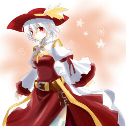 Rule 34 | 1girl, arch bishop (ragnarok online), breasts, cavalier hat, cleavage cutout, closed mouth, clothing cutout, commentary request, cowboy shot, cross, dress, hair between eyes, juliet sleeves, kiri nada, long sleeves, looking at viewer, medium breasts, plume, puffy sleeves, ragnarok online, red dress, red eyes, red headwear, sash, short hair, smile, solo, thighhighs, two-tone dress, white dress, white hair, white thighhighs, yellow sash